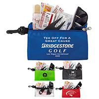 15 Piece Golf Kit in Supersized Zipper Pack Components inserted into Zipper kit with Carabiner